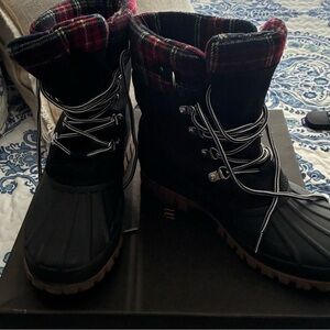 J Crew Black and Red Plaid Lace-Up Boots Sz. 9